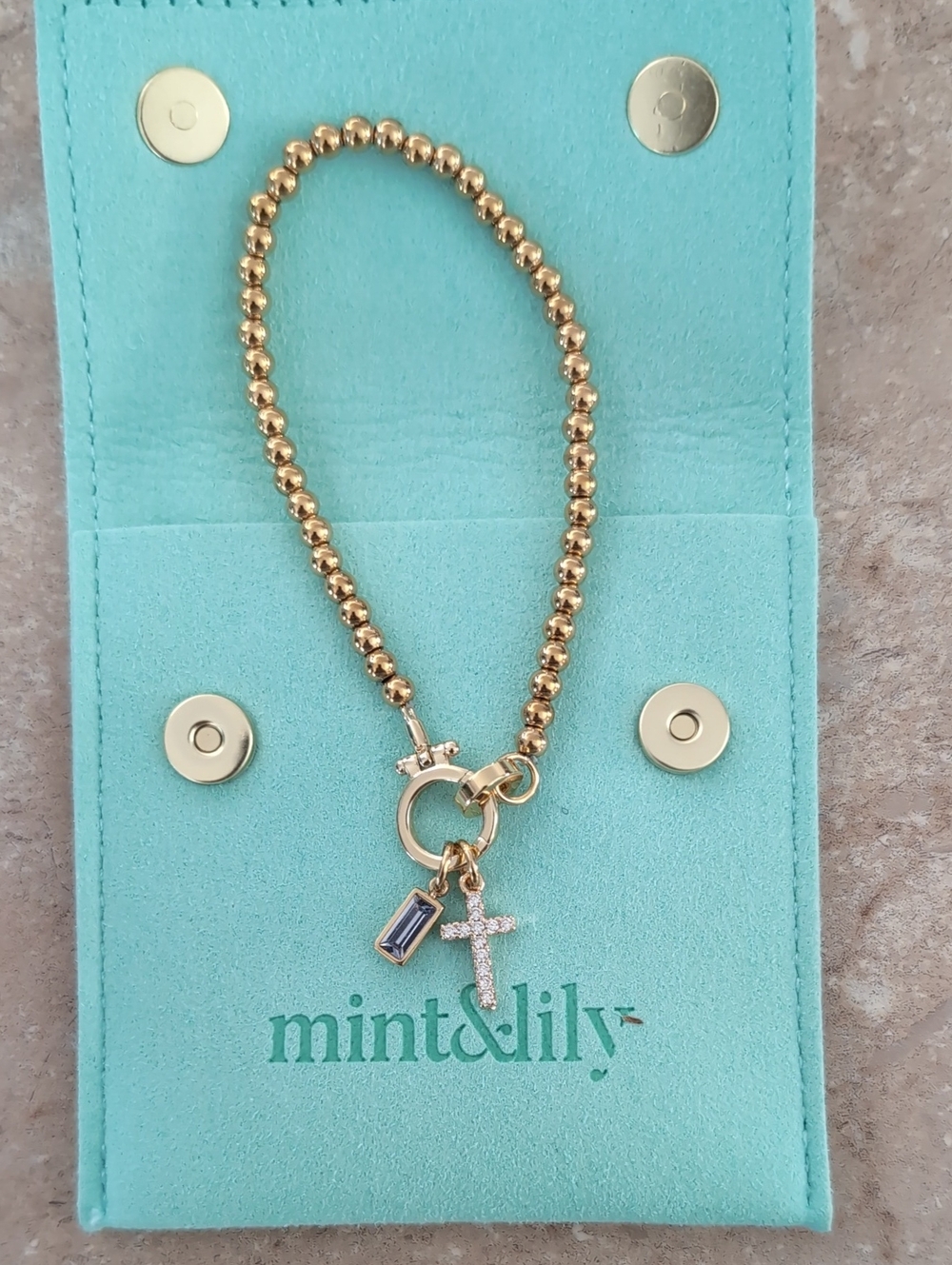 Mint & Lily Gold Beaded Cross Charm Birthstone Bracelet